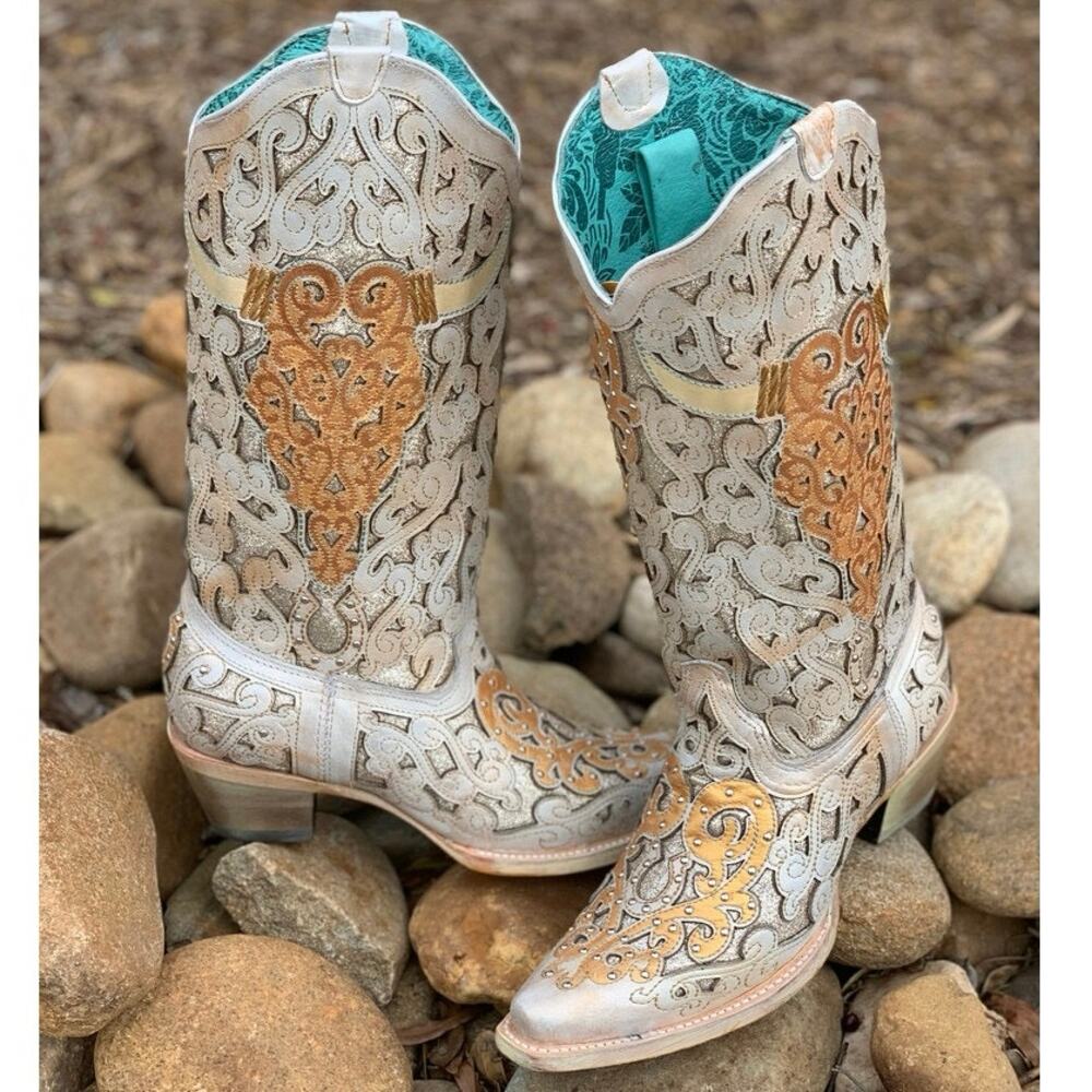 NEW Corral Bull Skull Glitter Inlay Embroidered Stud Western‎ Cowgirl Boots 7M